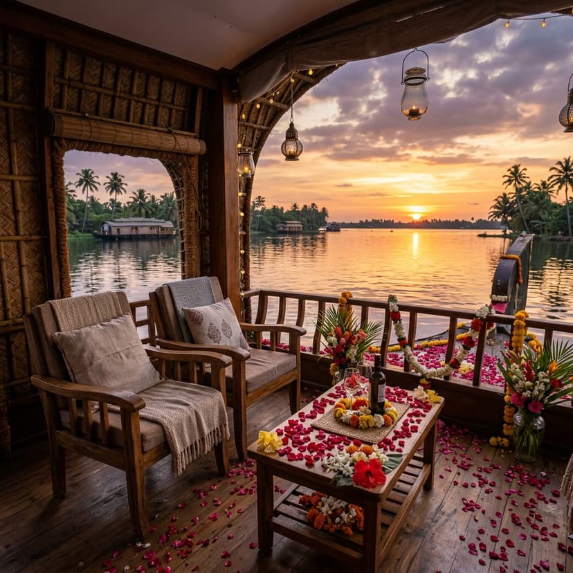 Honeymoon private lounge setup decorated with tropical flowers at sunset
